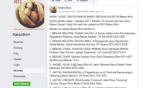 Pengumuman makan bakso gratis selama Agustus 2017 untuk Agus (Facebook BaksoBom)