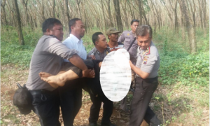 Petugas mengevakuasi Sri Pujiastutik, 42, warga Sumengko, Sragen Tengah, Sragen, yang ditemukan terluka di alas karet wilayah Kedawung, Sragen, Jumat (28/7/2017). (Istimewa)