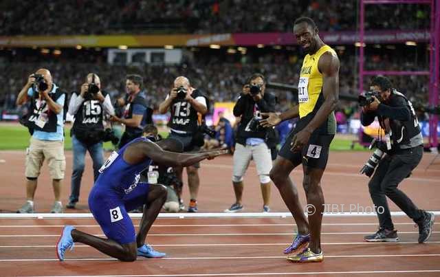Justin Gatlin usai mengalahkan Usain Bolt, Sabtu (6/8/2017). (JIBI/Reuters/Phil Noble)
