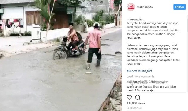 Bocah berseragam terjebak di coran beton yang masih basah (Instagram)