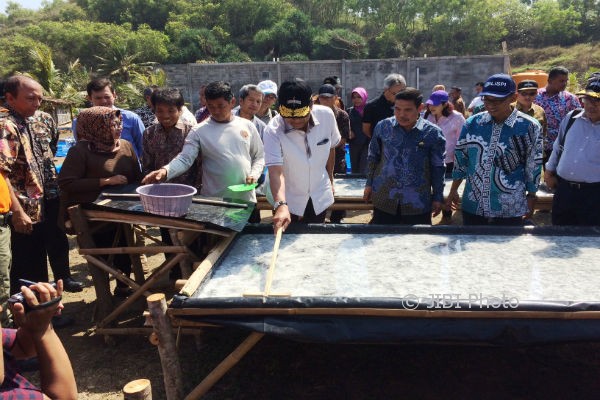 Sri Sultan Hamengku Buwono (HB) X (pegang kayu) saat melihat proses budidaya garam di Pantai Sepanjang, Desa Kemadang, Tanjungsari. Sabtu (12/8/2017). (David Kurniawan/JIBI/Harian Jogja)