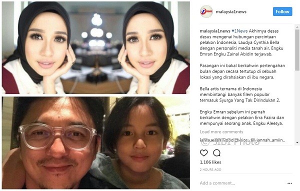 Kabar rencana pernikahan Bella dengan Engku Emran (Instagram @malaysia1news)