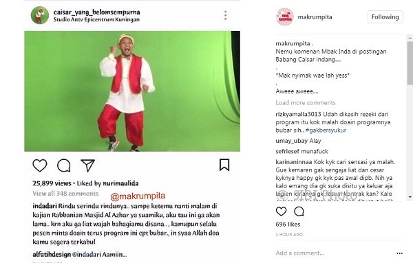 Komentar Indadari pada unggahan Caisar YKS (Instagram @makrumpita)