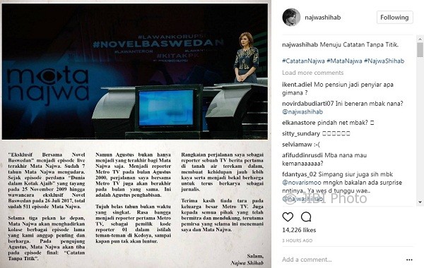 Surat terbuka Najwa Shihab untuk pemirsa setia Mata najwa (Instagram @najwashihab)