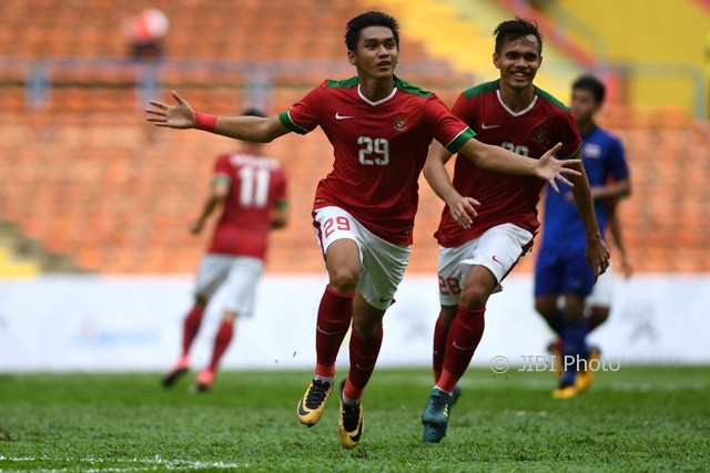 Pemain Timnas Indonesia U-22, Septian David Maulana, merayakan gol. (JIBI/Solopos/Antara)