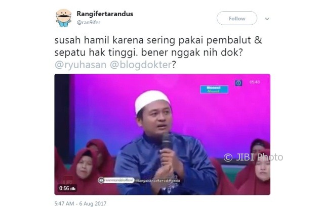 Ustaz Febri Sugianto sebut pembalut dan sepatu hak tinggi penyebab wanita susah hamil (Twitter)