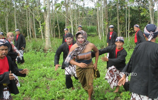 Sejumlah penari cing-cing goling berlarian menginjak-injak tanaman kacang tanah milik warga di Dusun Gedangan, Desa Gedangrejo, Kecamatan Karangmojo. Kamis (3/8/2017). (JIBI/Irwan A. Syambudi)