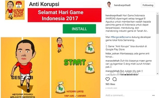 Ajakan Wali Kota Semarang Hendrar Prihadi untuk mengunduh gim Anti Korupsi demi memperingati Hari Game Indonesia melalui akun Instagramnya, Selasa (8/8/2017). (Instagram-@hendrarprihadi)