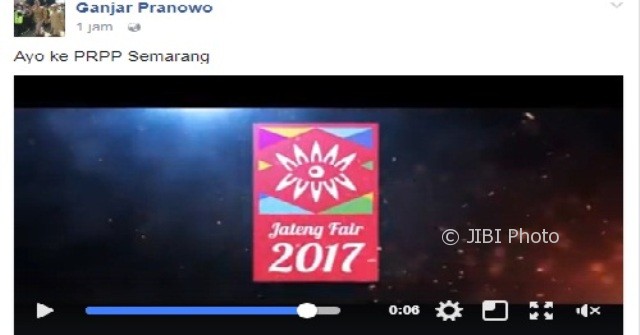 Ajakan Gubernur Jateng Ganjar Pranowo untuk mengunjungi Jateng Fair 2017 yang digelar di PPRP Jateng, kawasan Pantai Marina, Semarang Barat, Kota Semarang, Jateng, 11 Agustus–10 September. (Facebook.com-Ganjar Pranowo)