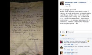 Surat peringatan dari debt collector kepada nasabah di Kecamatan Sumowono, Kabupaten Semarang, Jateng. (Facebook.com-Gunawan Ari Sandy)