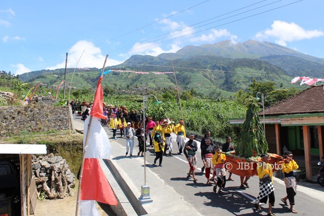 Warga Desa Senden, Kecamatan Selo, Boyolali mengusung gunungan tembakau dan hasil bumi dalam kirab rangkaian acara Festival Tungguk Tembakau di desa setempat, Kamis (3/8/2017). (Akhmad Ludiyanto/JIBI/Solopos)