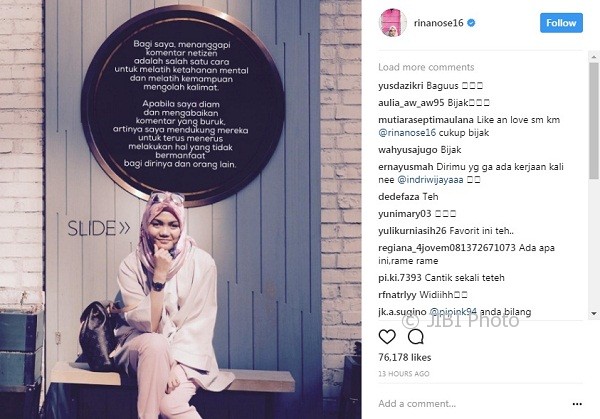Alasan Rina Nose menanggapi haters (Instagram @rinanose16)