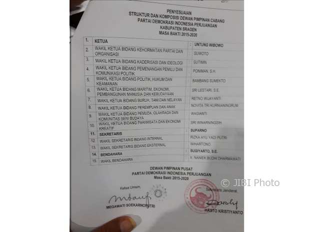 SK kepengurusan baru DPC PDIP Sragen yang beredar di kalangan wartawan, Kamis (12/10/2017). (Kurniawan/JIBI/Solopos)