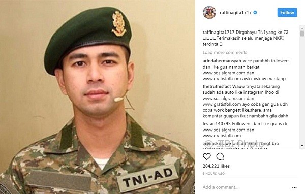 Foto Raffi Ahmad berseragam TNI yang dinilai mirip Song Joong Ki (Instagram @raffinagita1717)
