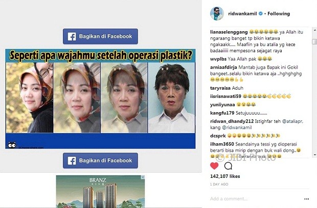Ridwan Kamil menguggah foto istrinya hasil aplikasi di Facebook (Instagram @ridwankamil)