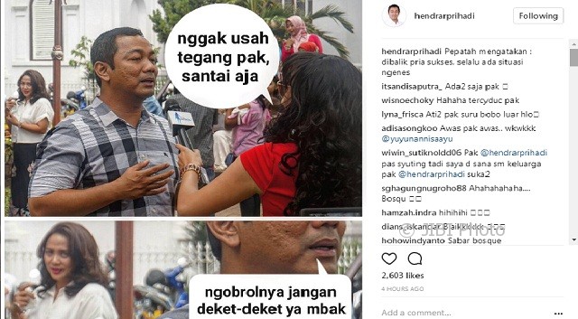 Ekspresi istri Wali Kota Semarang Hendrar Prihadi, Krisseptiana, saat suaminya berbincang dengan wanita reporter. (Instagram-@hendrarprihadi)