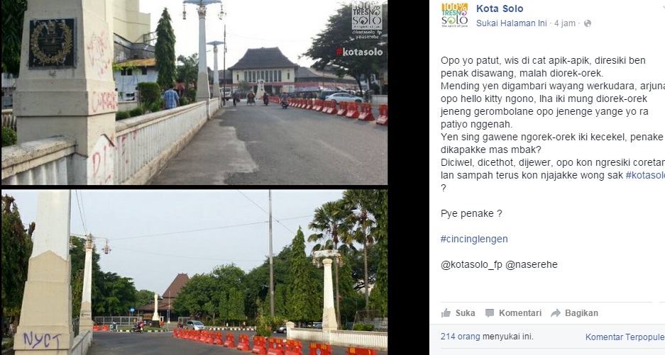VANDALISME SOLO : Duh, Jembatan Pasar Gede Jadi Sasaran Corat Coret