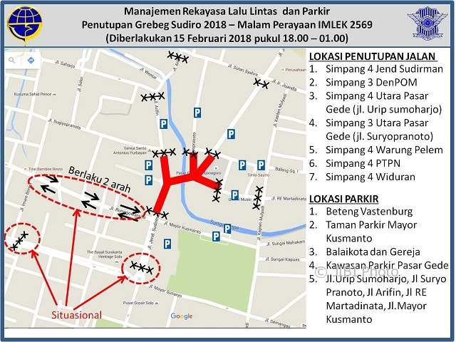 Rekayasa lalu lintas yang disiapkan Dishub Solo untuk perayaan Tahun Baru Imlek 2018 di kawasan Pasar Gede Solo, Kamis-Jumat (15-16/2/2018), (Istimewa/Dishub Solo)