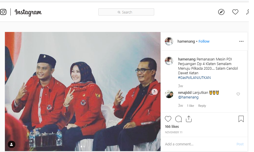 Postingan di akun Instagram Hamenang Wajar Ismoyo tertanggal 11 November 2019 menyebut kata cendol dawet ketan. (Instagram)