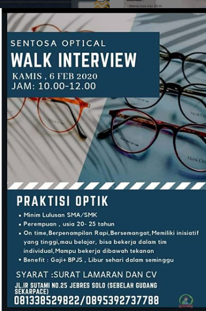 Loker Solo Praktisi Optik Sentosa Optical Walk In Interview
