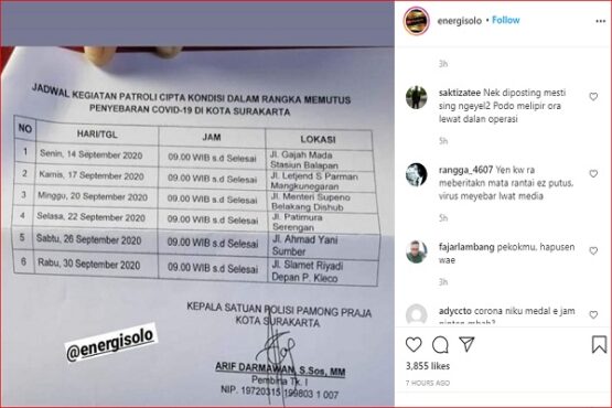 Tangkapan layar jadwal kegiatan patroli cipta kondisi dalam rangka memutus penyebaran Covid-19 di Kota Solo yang tersebar melalui media sosial, Minggu (13/9/2020). (Solopos-Wahyu Prakoso)