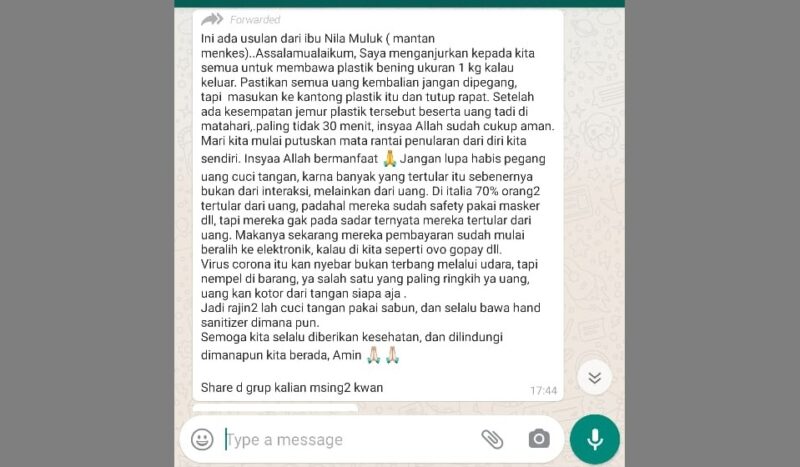 Tangkapan layar hoaks agar menjemur uang untuk membunuh virus Corona mencatut nama mantan Menteri Kesehatan Nila Moeloek. (Istimewa)