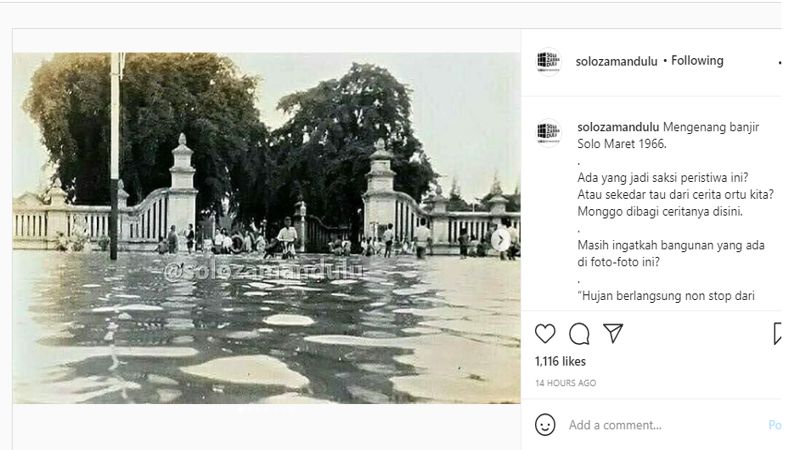Kenangan tentang banjir bandang yang melanda Solo pada Maret 1966 lalu. (Instagram @solozamandulu)