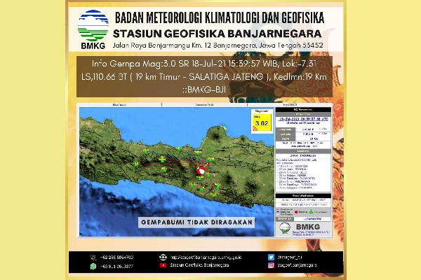 Tangkapan layar informasi BMKG Stasiun Geofisika Banjarnegara terkait gempa berkekuatan Magnitudo 3,0 di Salatiga. (BMKG Stasiun Geofisika Banjarnegara)
