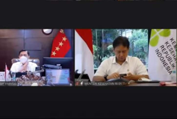Menteri Kesehatan, Budi Gunadi Sadiki (kanan) dan Menko Maritim dan Investasi, Luhut Binsar Panjaitan. (Youtube)