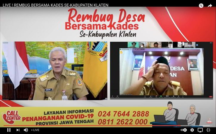 Gubernur Jateng, Ganjar Pranowo, saat menggelar dialog secara virtual dengan seorang kades di Klaten terkait penyaluran dana bansos, Senin (2/8/2021). (Semarangpos.com/Imam Yuda S.)