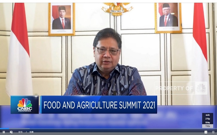 Menko Perekonomian Airlangga Hartarto dalam Webinar Food and Agriculture Summit 2021, Selasa (3/8/2021). (Istimewa)