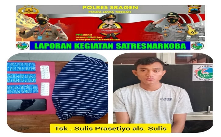 Foto tersangka pengedar psikotropika dan barang bukti. (Istimewa/Sat Narkoba Polres Sragen)