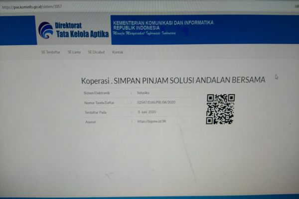 Koperasi Simpan Pinjam Soluasi Andalan Bersama (KSP SAB) terdaftar resmi di situs milik Kementerian Kominfo per 8 Juni 2020. (pse.kominfo.go.id)