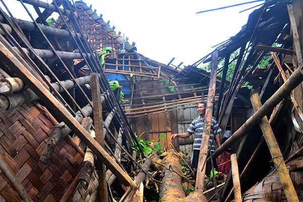 Warga melihat rumah yang rusak tertimpa pohon yang ambruk akibat diterjang angin puting beliung di Desa Klambu, Grobogan, Jawa Tengah, Sabtu (27/11/2021). (Antara/Yusuf Nugroho)