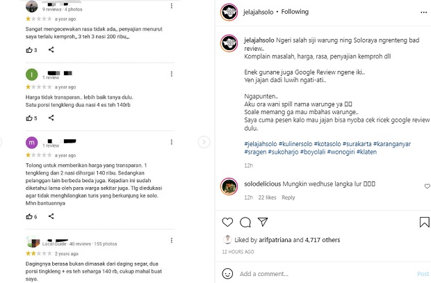 Lagi Viral Kuliner Rating Rendah di Soloraya, Banjir Komentar Sadis