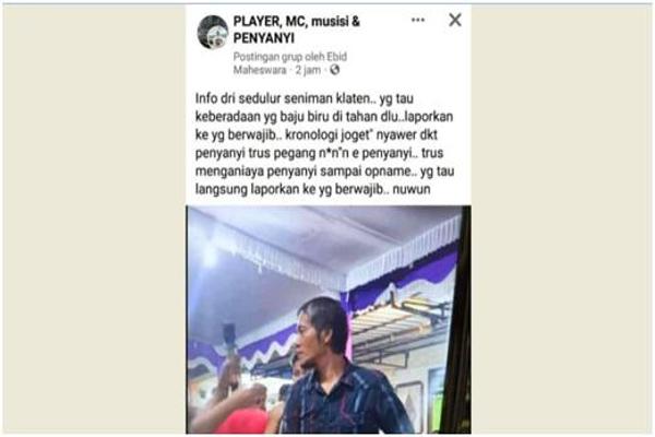 Postingan viral di media sosial soal pelecehan Bento terhadap biduanita saat hajatan di Kalikotes, Klaten. (Facebook)