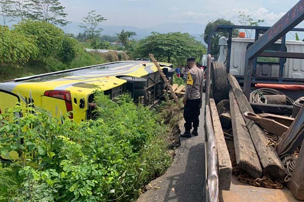 Penampakan bus rombongan peziarah yang terguling di area persawahan Kabupaten Temanggung, Selasa (25/1/2022). (Murianews.com-Humas Polres Temanggung)