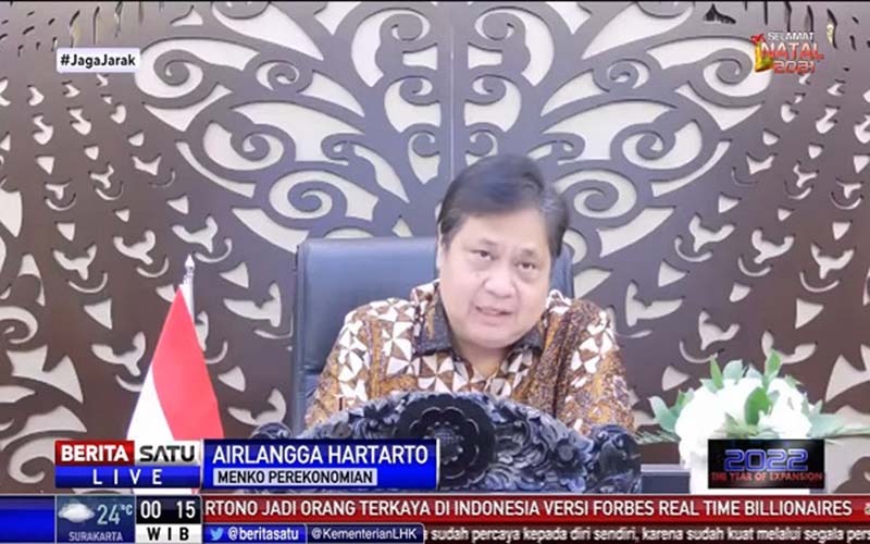Menteri Koordinator Bidang Perekonomian, Airlangga Hartarto, saat memberikan paparan dalam acara Special Report Berita Satu TV, Jumat (31/12/2021). (Istimewa)