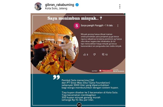 Wali Kota Solo Gibran Rakabuming Raka memberikan bantahan dan klarifikasi tudingan dirinya menimbun minyak goreng. (Instagram @gibran_rakabuming)