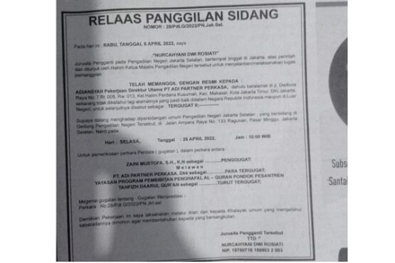 surat panggilan untuk Adiansyah