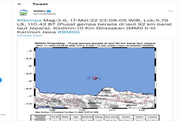 Tangkapan layar unggahan BMKG di Twitter terkait gempa di Karimunjawa, Jepara, Selasa (17/5/2022) malam. (Twitter @infoBMKG)