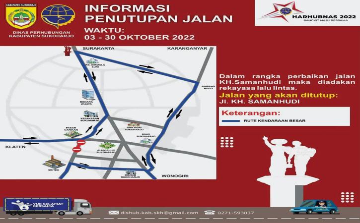Manajemen rekayasa lalu lintas (MRLL) kendaraan berat saat penutupan Jalan KH Samanhudi pada 3-30 Oktober 2022 mendatang. (Istimewa/Dishub Sukoharjo).