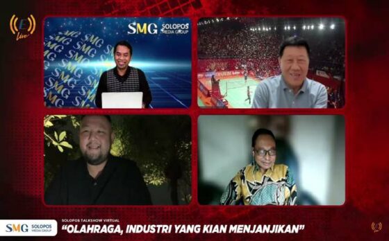 Para narasumber dalam talkshow bertema Olahraga, Industri yang Kian Menjanjikan, yakni Guru Besar Analisis Kebijakan Pembangunan Olahraga FKOR UNS, Agus Kristiyanto; Program Director Bakti Olahraga Djarum Foundation, Yoppi Rosimin dan Owner West Bandits Combiphar Solo, James Winson, yang dipandu Direktur Bisnis dan Konten Solopos Media Group, Suwarmin, yang disiarkan di Youtube Espos Live, Kamis (15/9/2022). (Tangkapan Layar)